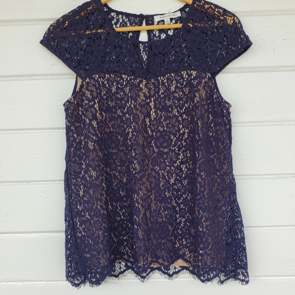 Sheer Crochet Lace Overlay Cap Sleeve Blue Top S